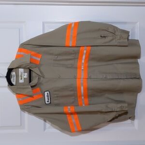 Khaki Long Sleeve Work Shirt with Reflective Orange Stripes, XL.